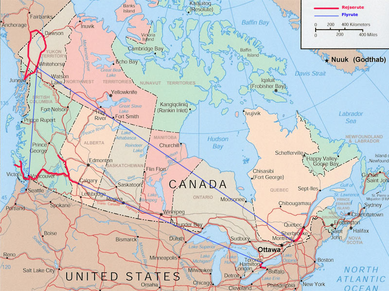 Rejse- og flyruter i Canada/Alaska, juni og juli 2003